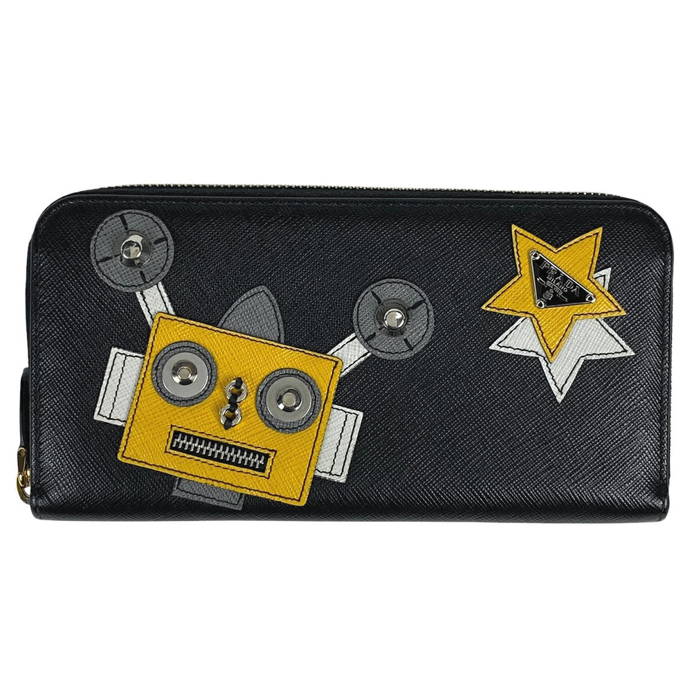 Prada Plate Round Zip Long Wallet Robot Saffiano Leather Nero Black